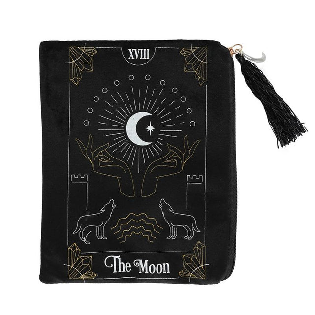 Velvet zippered bag featuring a white and gold moon tarot card design, perfect for storing tarot decks and treasures.
