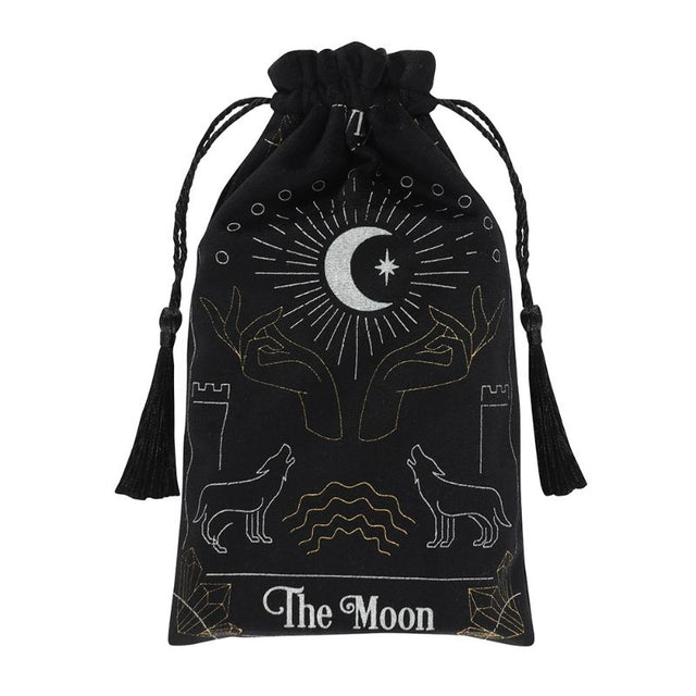 Velvet drawstring pouch with white and gold tarot illustration, perfect for storing tarot and oracle cards elegantly.