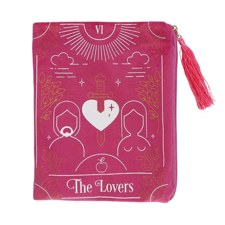 Velvet zippered bag featuring the Lovers tarot card design, perfect for storing tarot decks and treasures with a charm and tassel.