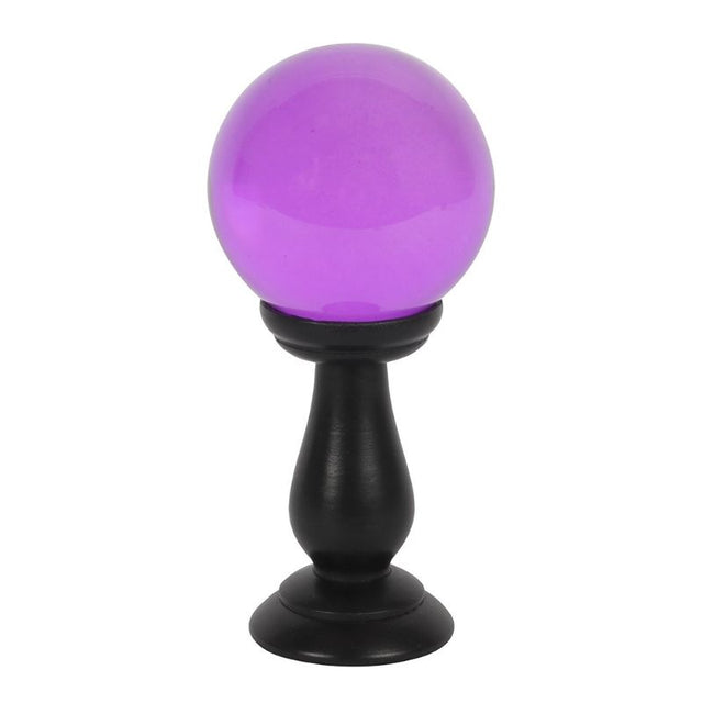 Purple 90mm crystal ball on a black wooden stand, perfect for divination and elegant home decor.