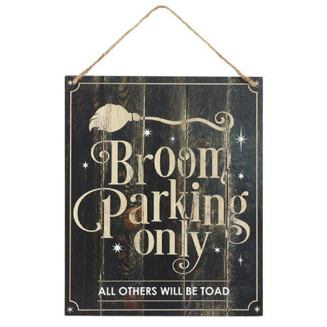 Whimsical Broom Parking MDF Sign in magic-inspired design, perfect for witches and quirky home decor.