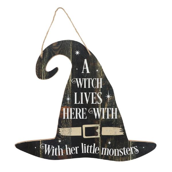 Hanging MDF sign that reads "A witch lives here with her little monsters," perfect for whimsical home decor or Halloween.