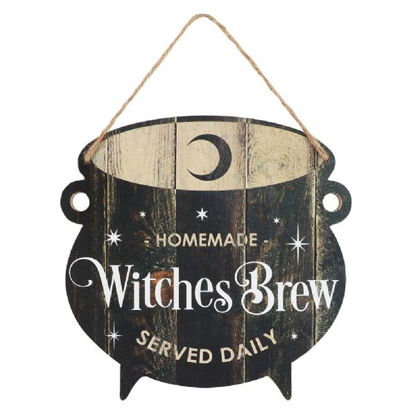 Whimsical cauldron-shaped MDF sign for festive Halloween decor or playful kitchen accessory, measuring 34x25 cm.