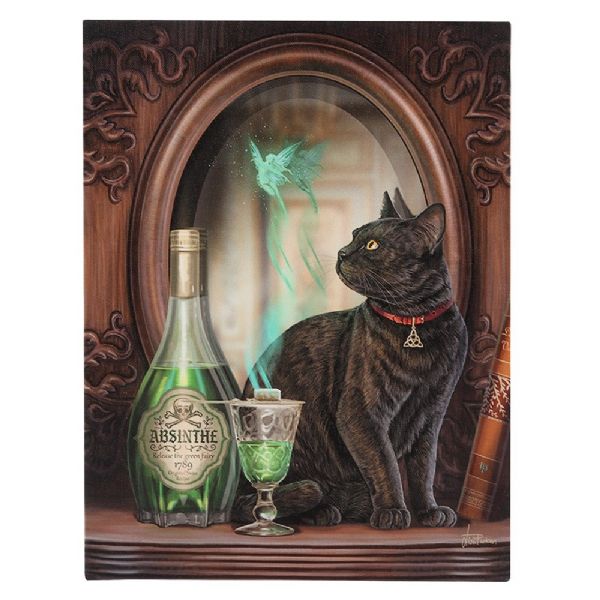 Small Absinthe Canvas Plaque featuring a black cat and green fairy, perfect for adding whimsical charm to home decor.