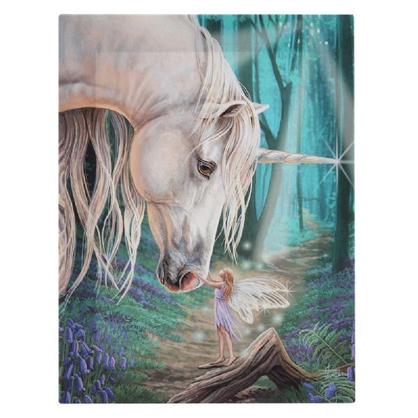 Enchanting canvas plaque featuring a white unicorn and sparkling forest fairy, perfect for children's rooms and nurseries.