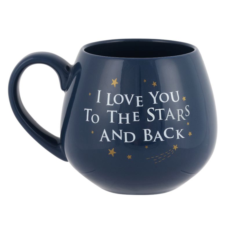 Ceramic mug featuring "I love you to the stars and back" design, perfect for gifting on special occasions.