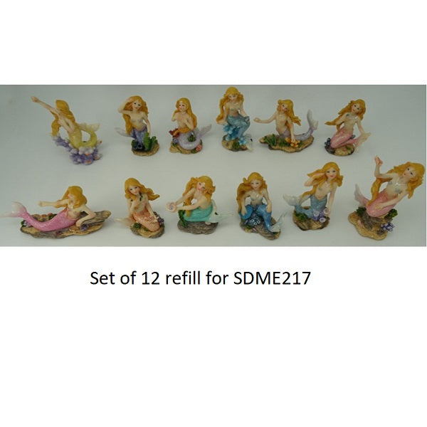 Colorful set of 12 mermaid figurines, perfect for crafts and decor, each measuring H:8.5 x W:5 x D:3 cm.