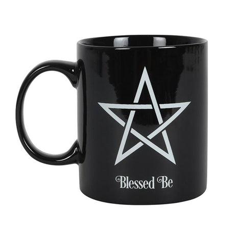 Black bone china mug with a pentagram and 'Blessed Be' text, perfect for witches, dishwasher and microwave safe.