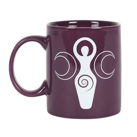 Triple Goddess Purple Ceramic Mug featuring a mystical triple moon design, perfect for spiritual tea or coffee lovers.