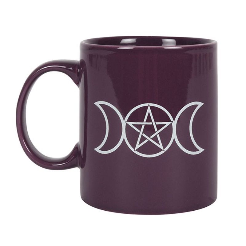 Purple ceramic mug featuring a triple moon and pentagram design, perfect for spiritual and nature enthusiasts.