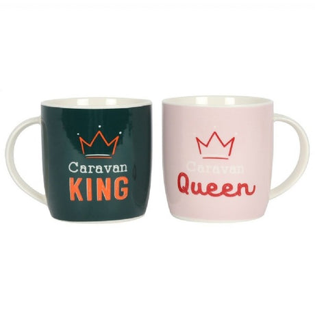 Ceramic Caravan King and Queen mugs, perfect for couples who love adventure, dishwasher and microwave safe.