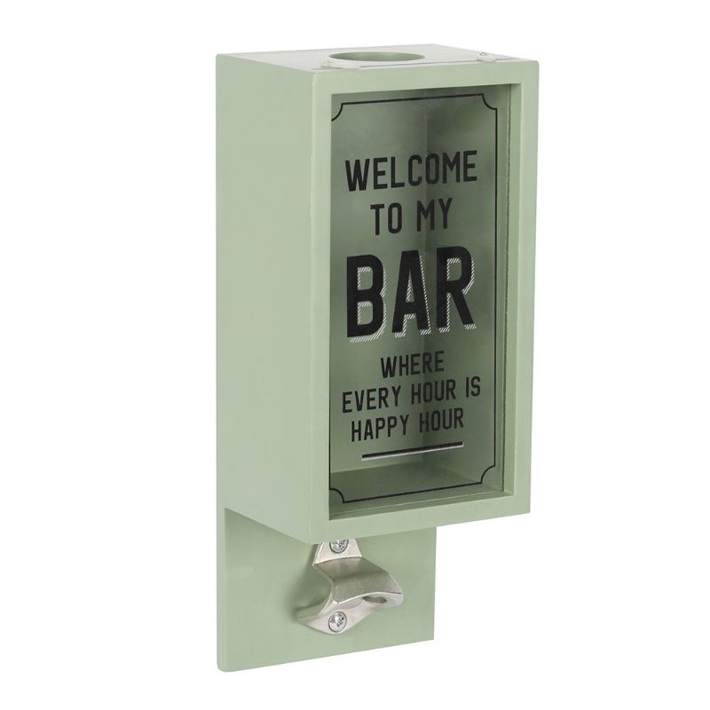 Green Garden Bar Bottle Opener Plaque featuring a humorous saying, integrated opener, and storage for caps, perfect for outdoor entertaining.