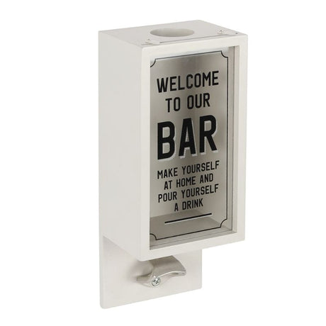 Charming grey MDF garden bar plaque with slide glass for bottle caps and a built-in opener, engraved welcoming phrase included.