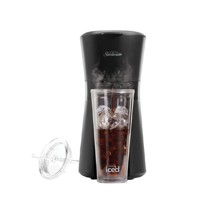 Sunbeam Iced Coffee Maker with insulated tumbler brews perfect iced coffee in under 4 minutes, designed for coffee lovers.