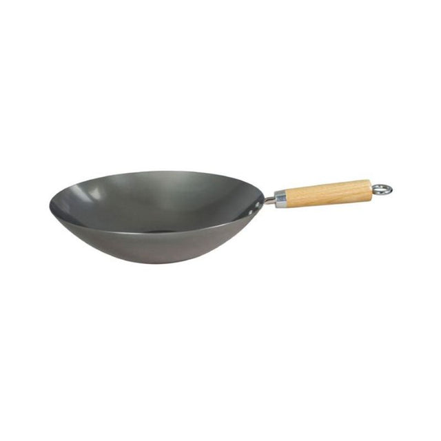 30cm heavy carbon steel wok with a cool-touch wood handle, perfect for stir-frying on any hob type.