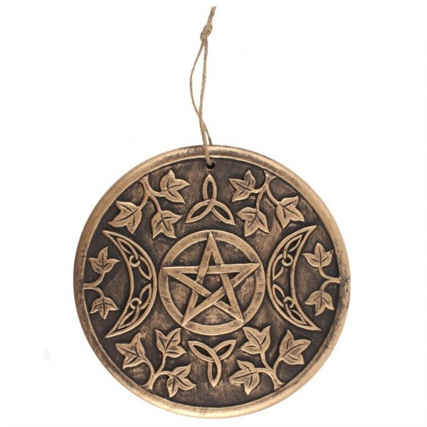 Circular terracotta Triple Moon Plaque with copper effect, symbolizing the Maiden, Mother, and Crone for home decor.
