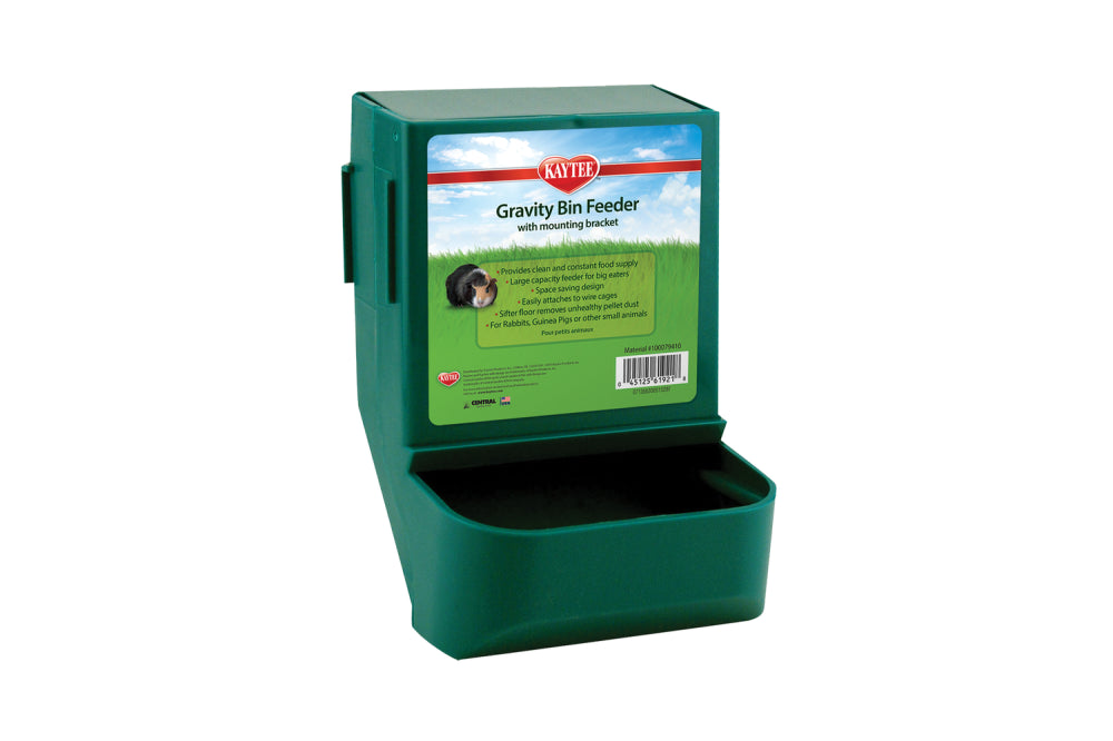 Kaytee Gravity Bin Feeder with Bracket in assorted colors, designed for pet pellet food with secure mounting for stability.