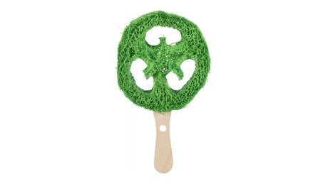 Eco-friendly Trixie Loofah Lollipop with a wooden handle, fillable with snacks, perfect for pets' chewing and play.