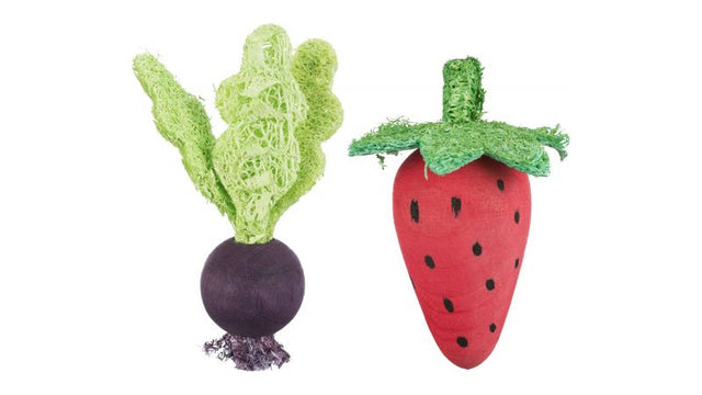 Vibrant Trixie Strawberry & Beetroot chew toy made from natural materials, promoting dental health for pets of all sizes.