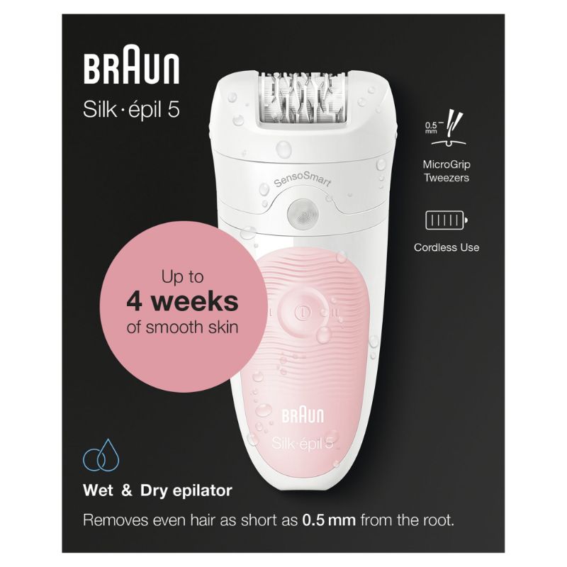 Braun Silk-épil 5-516 Epilator for women, featuring SensoSmart technology and High Frequency Massage Cap for gentle, efficient hair removal.