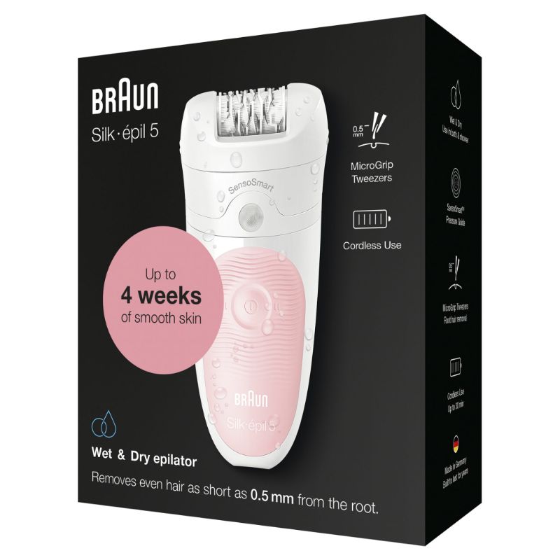 Braun Silk-épil 5-516 Wet & Dry Epilator with SensoSmart technology and High Frequency Massage Cap for gentle hair removal.