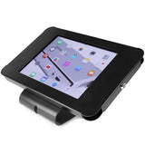 Lockable steel tablet stand for iPad, suitable for desk or wall mount, secure enclosure for business and retail use.