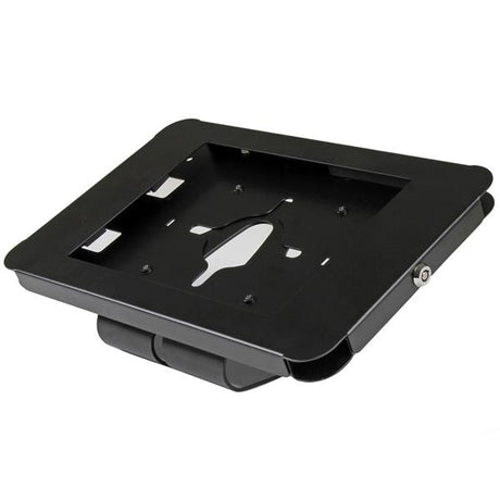 Lockable steel tablet stand for iPad, suitable for desk or wall mounting, ideal for secure retail and educational environments.