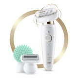 Braun Silk-epil 9 Flex 9020 epilator with flexible head, 40 tweezers, ergonomic design, and massage pad for smooth skin.