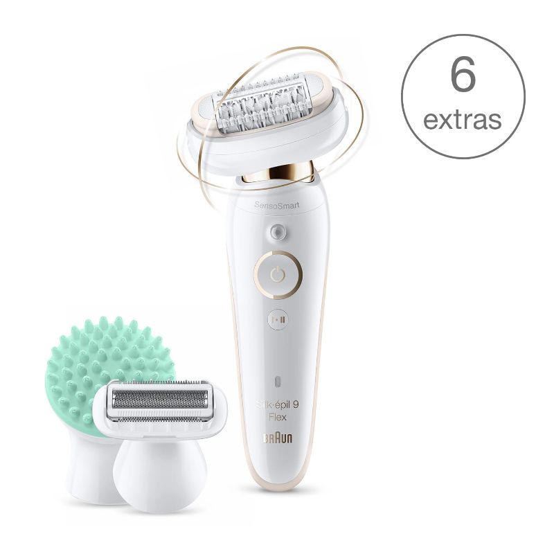 Braun Silk-epil 9 Flex 9020 epilator features a flexible head, 40 tweezers, and includes a shaver head and massage pad for smooth skin.