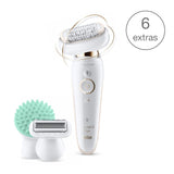 Braun Silk-epil 9 Flex 9020 epilator features a flexible head, 40 tweezers, and includes a shaver head and massage pad for smooth skin.