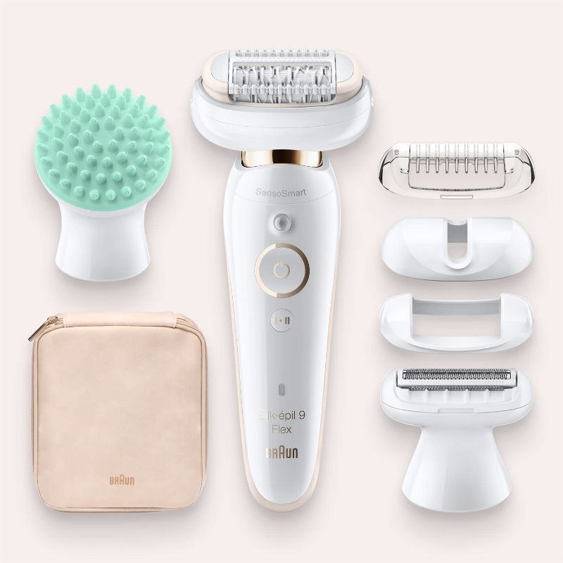 Braun Silk-epil 9 Flex 9020 Wet and Dry epilator with flexible head, 40 tweezers, and massage pad for smooth, long-lasting skin.