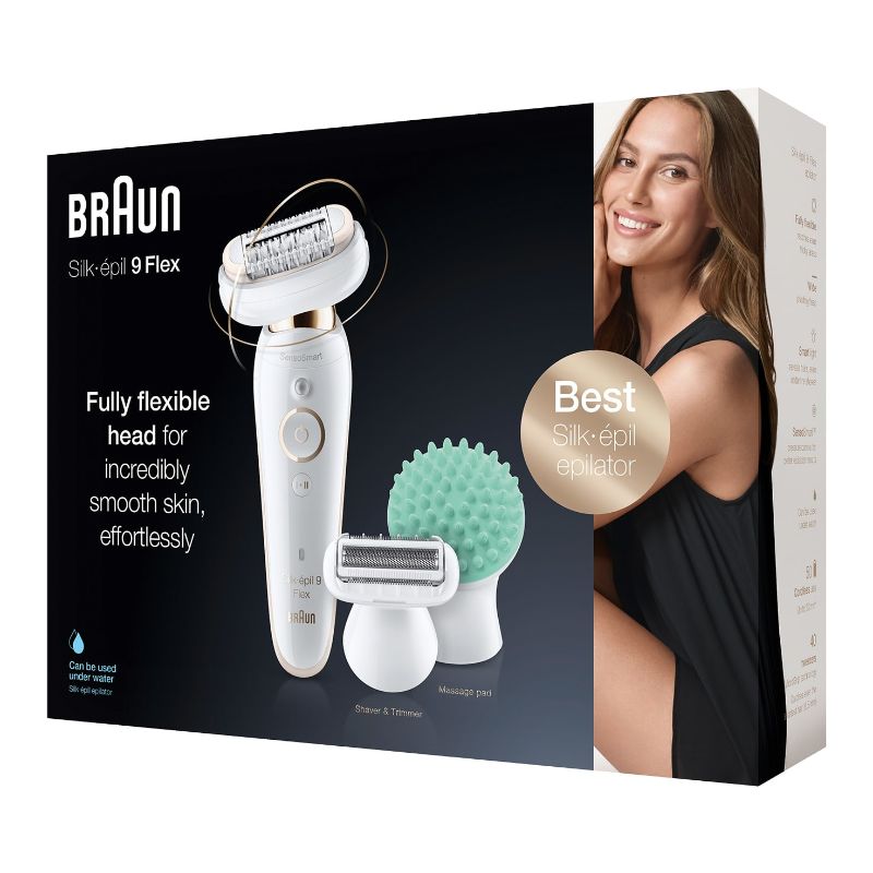 Braun Silk-epil 9 Flex 9020 epilator with flexible head, 40 tweezers, ergonomic design, and massage pad for smooth skin.