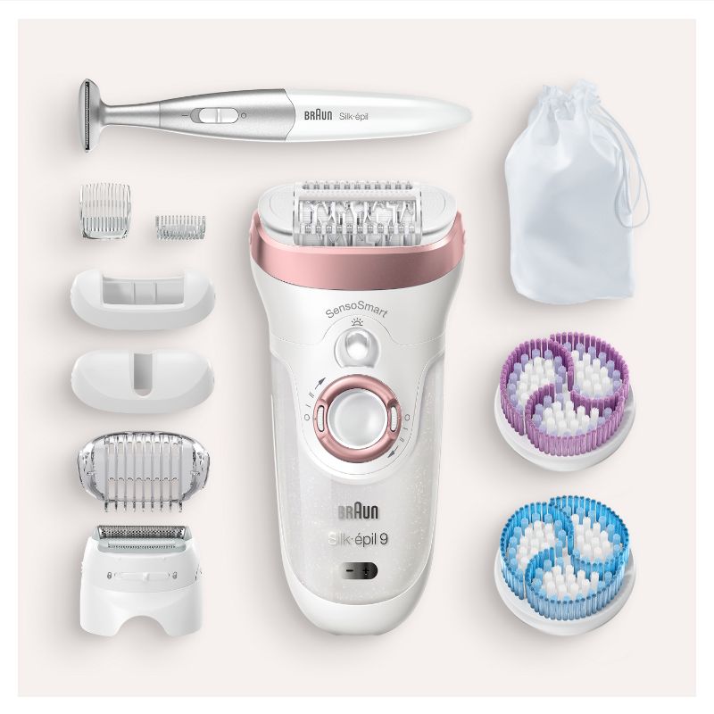 Braun Silk-épil 9 SkinSpa epilator in Rose Gold with 4-in-1 features, SensoSmart tech, and 8 versatile attachments.