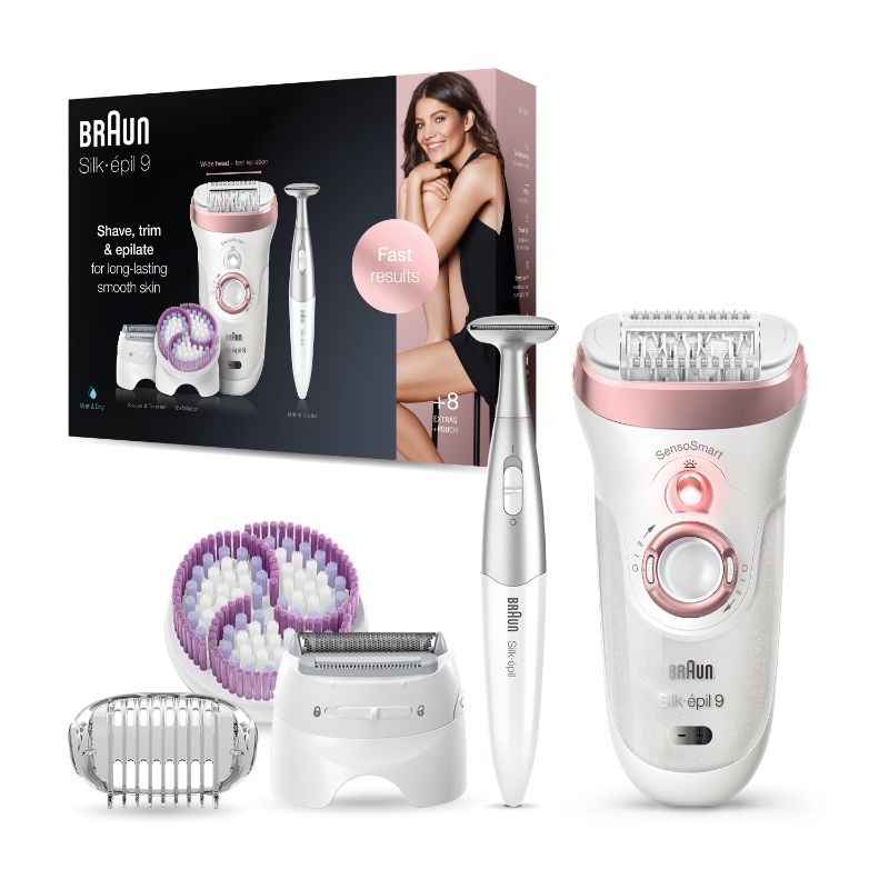 Braun Silk-épil 9 SkinSpa epilator in Rose Gold, featuring 4-in-1 functionality and SensoSmart technology for effective hair removal.