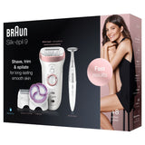 Braun Silk-épil 9 epilator in rose gold, featuring 4-in-1 functionality, SensoSmart tech, and 8 versatile extras for smooth skin.