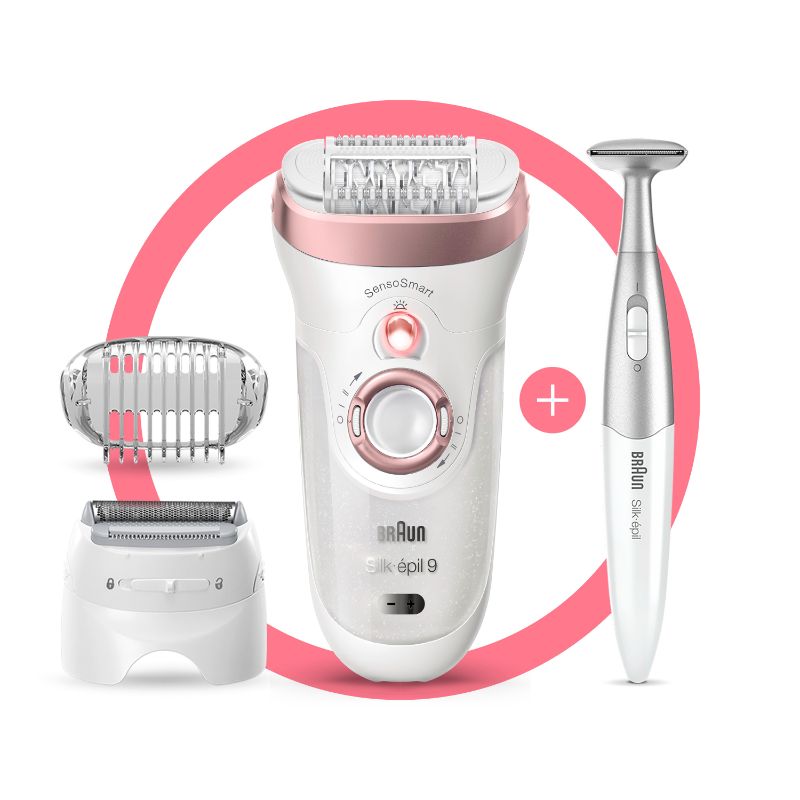 Braun Silk-épil 9 SkinSpa SensoSmart™ 9/980 epilator in rose gold, a 4-in-1 device for hair removal and skin care with 8 accessories.