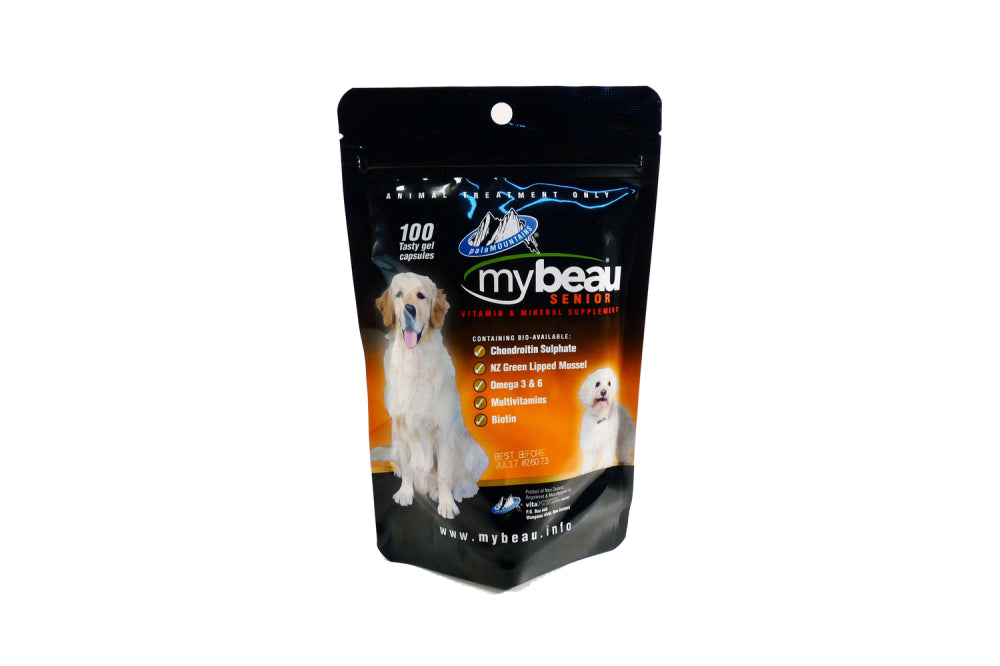 Premium vitamin and mineral supplement in gel capsules for senior dogs, promoting joint health and overall vitality.