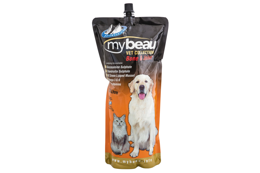 My Beau Pets Bone & Joint 1.5L supplement for dogs and cats, enhancing joint health with Glucosamine, Chondroitin, and NZ Mussel.