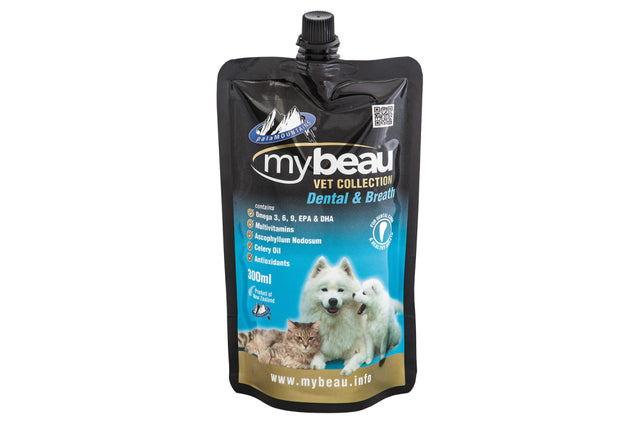 Bottle of MYBEAU® Dental & Breath 300mL, a veterinary-approved supplement for pet oral health and fresh breath.