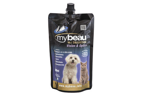 My Beau Vision & Optics 300mL supplement for pets, enhancing eye health with Astaxanthin, DHA, and essential vitamins.