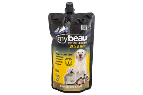 My Beau Skin & Hair 300mL supplement for pets enhances skin, coat, and nail health with Omega fatty acids and antioxidants.