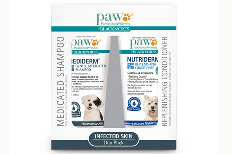 PAW MediDerm Infected Skin Duo Pack for pets features medicated shampoo and nourishing conditioner for effective skin infection treatment.