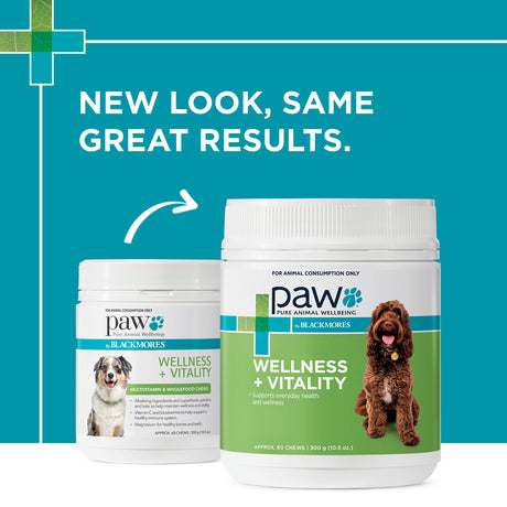 PAW Wellness + Vitality Chews: tasty kangaroo chews with spirulina, kale, magnesium, and antioxidants for pet health and vitality.