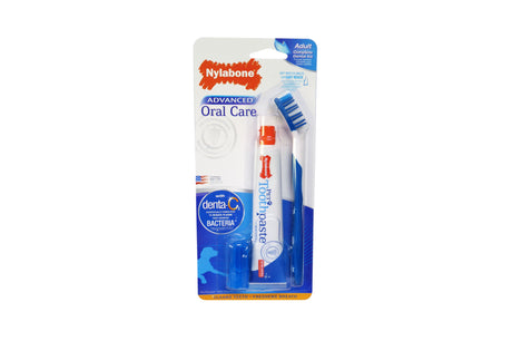 Advanced Oral Care Dental Kit for dogs featuring peanut-flavored toothpaste, toothbrush, and finger brush for effective cleaning.