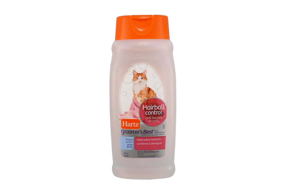 Hartz Cat Shampoo for Hairball Control, 444mL, features nourishing microbeads for a silky coat and safe, pet-friendly ingredients.