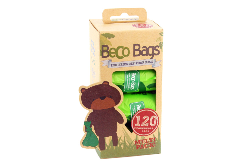 Eco-friendly BecoBags Multi Pack 120, featuring 8 rolls of 15 biodegradable, extra-large, and thick pet waste bags.