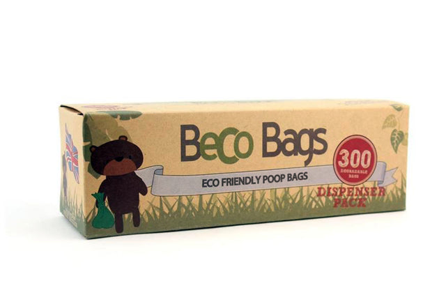 Eco-friendly BecoBags Dispenser, 300 extra-thick, degradable waste bags for easy pet clean-up. Ideal for all dog sizes.