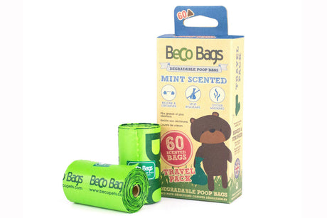 Eco-friendly BecoBags scented dog waste bags in a pack of 60, designed for easy cleanup and biodegradable disposal.