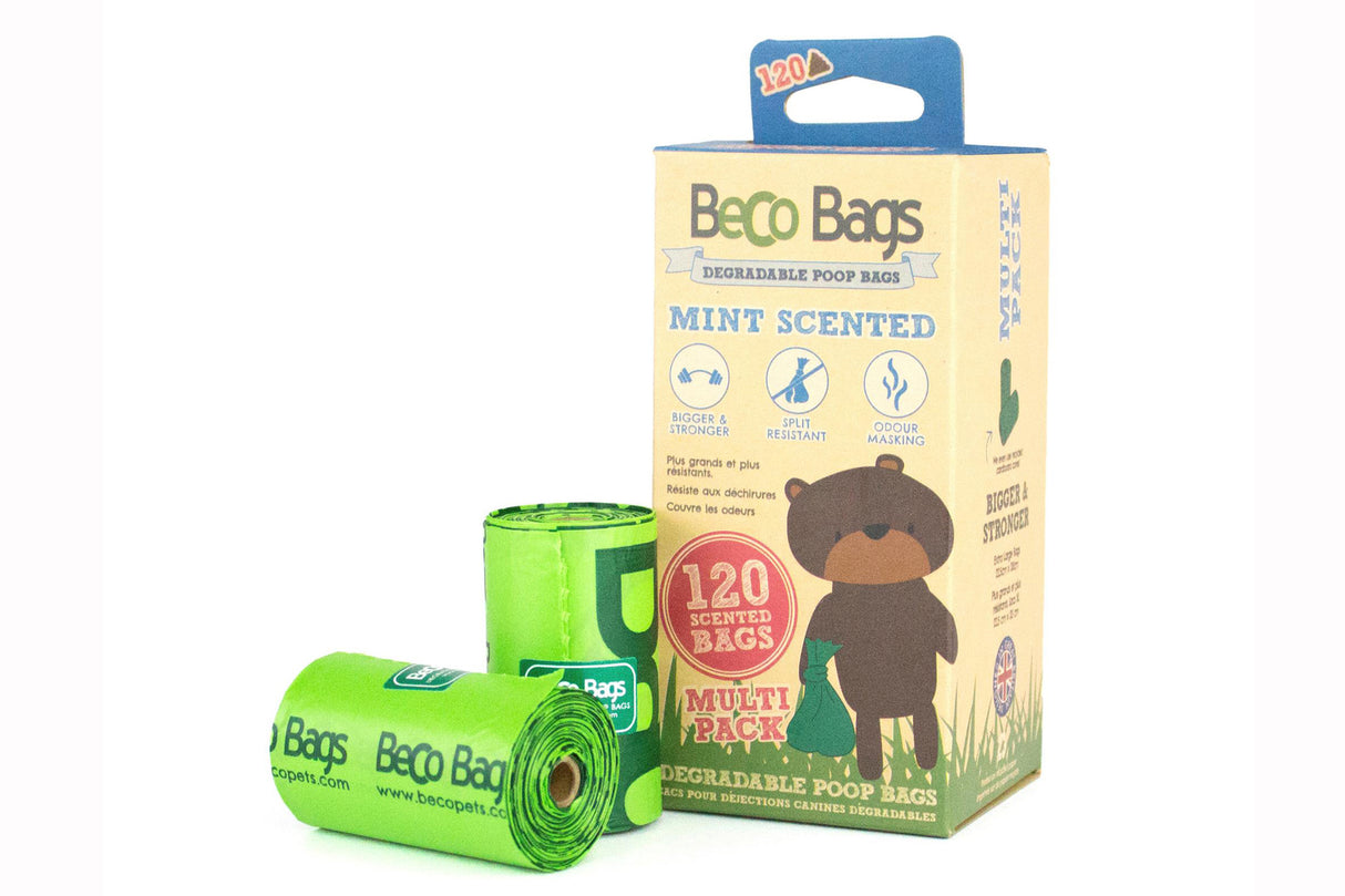 Eco-friendly BecoBags Scented Pack 120 for dog waste cleanup, featuring 120 biodegradable bags in rolls of 15.