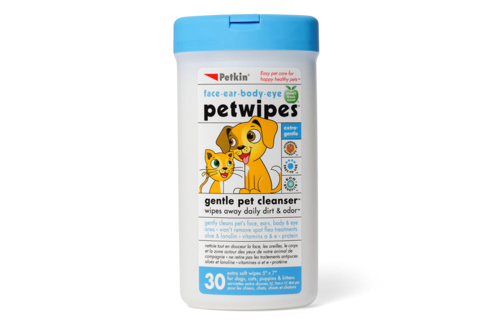 Petkin Pet Wipes 30pk: Eco-friendly wipes for quick pet cleaning, removing dirt and odors, leaving fur soft and fresh.